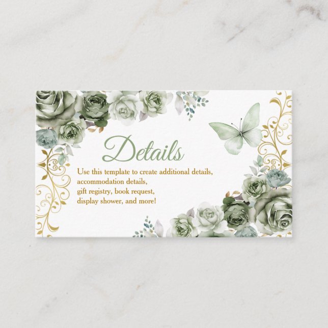 Quinceañera Gold & Sage Green Butterfly Details Enclosure Card (Front)
