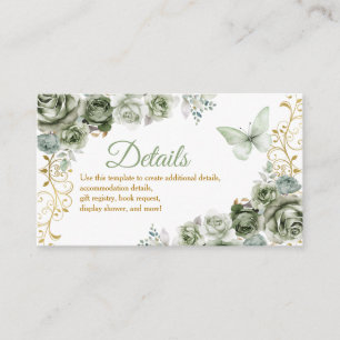 Quinceañera Gold & Sage Green Butterfly Details Enclosure Card