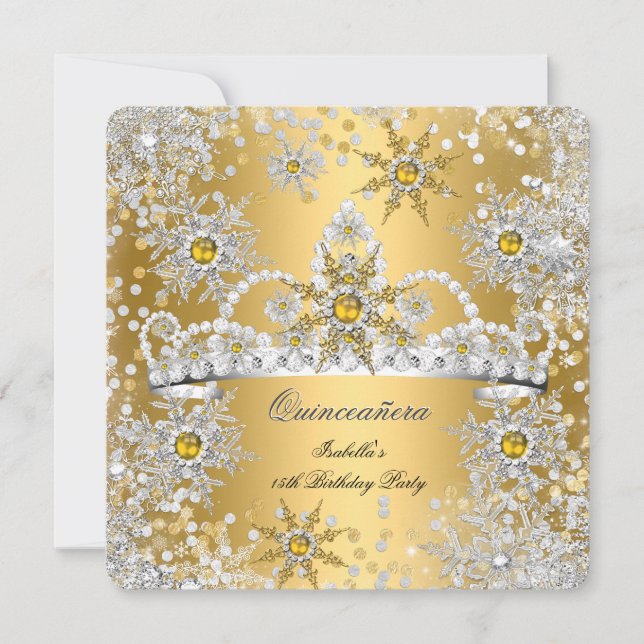 Quinceanera Gold Silver Winter Wonderland Invitation (Front)