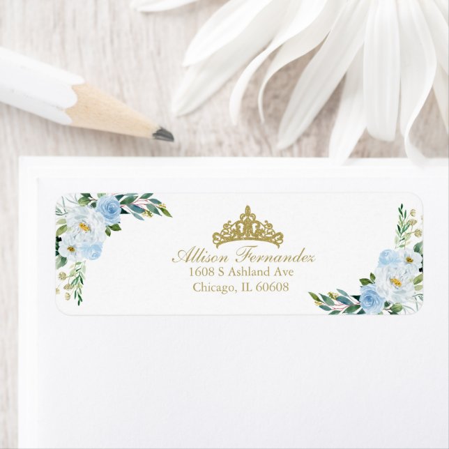 Quinceanera Gold Tiara Baby Blue Floral (En situation)