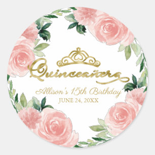 Quinceanera Gold Tiara Blush Pink Floral Classic Classic Round Sticker