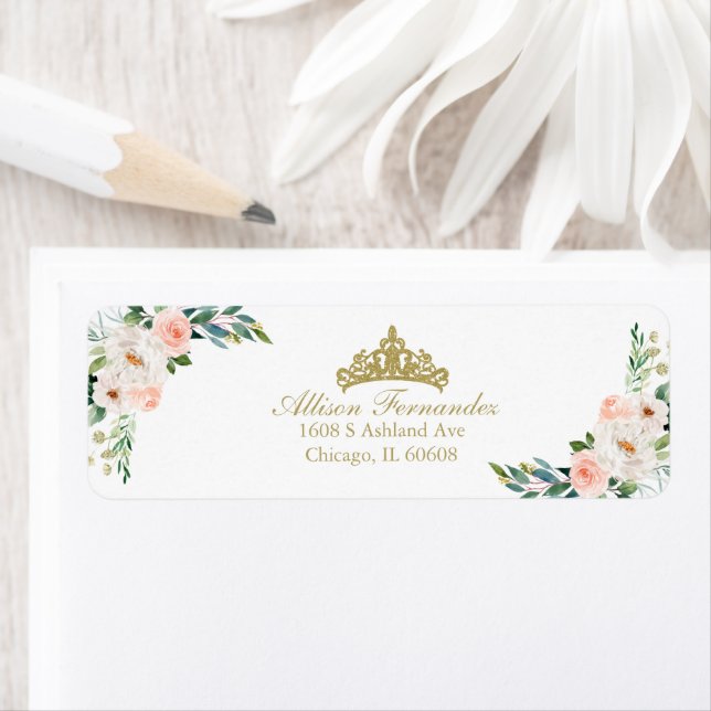 Quinceanera Gold Tiara Blush Pink Floral Label (Insitu)