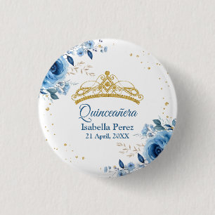 Quinceanera Gold Tiara Glitter and Blue Floral 1 Inch Round Button