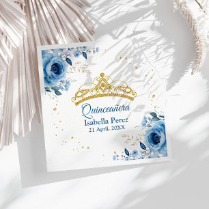 Quinceanera Gold Tiara Glitter and Blue Floral Napkin