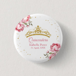 Quinceanera Gold Tiara Glitter and Pink Floral 1 Inch Round Button