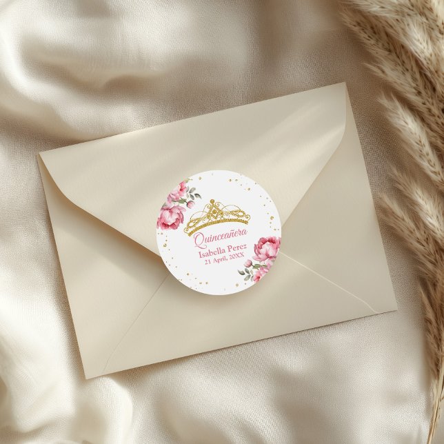 Quinceanera Gold Tiara Glitter and Pink Floral Classic Round Sticker (Quinceanera Gold Tiara Glitter and Pink Floral Classic Round Sticker on an elegant envelope.)