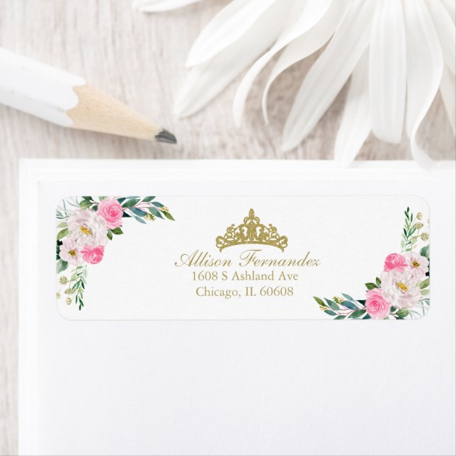 Quinceanera Gold Tiara Hot rose Floral Étiquette (En situation)