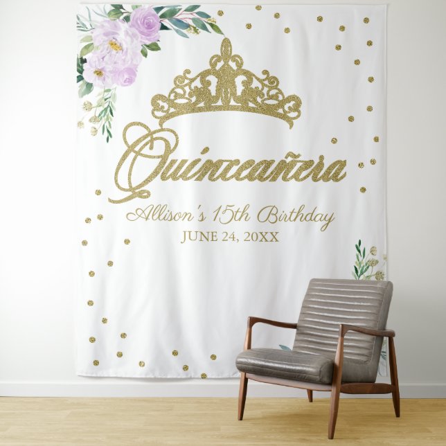 Quinceanera Gold Tiara Lilac Floral Backdrop Tapestry (In Situ)