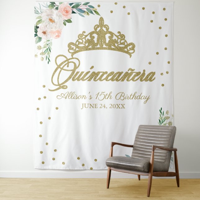 Quinceanera Gold Tiara Pink Floral Backdrop Tapestry (In Situ)