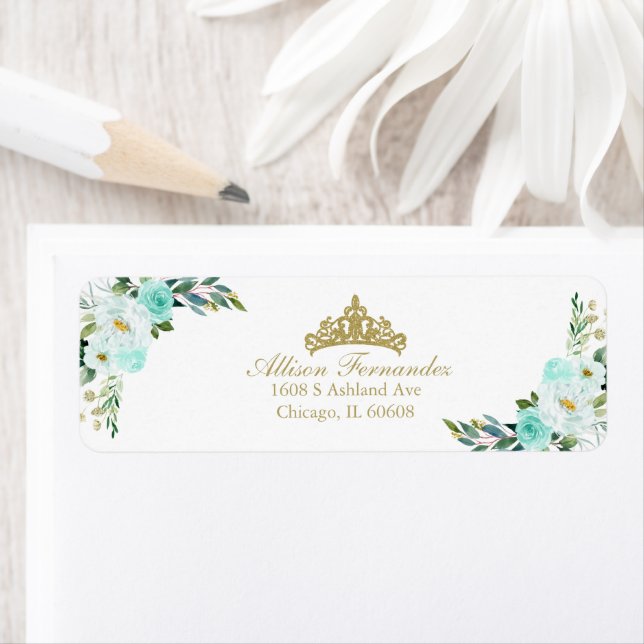 Quinceanera Gold Tiara Teal Floral (Insitu)