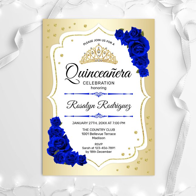 Quinceanera - Gold White Royal Blue Invitation (Creator Uploaded)