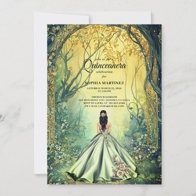 Quinceanera Gown Enchanted Forest Portal Invitation (Front)