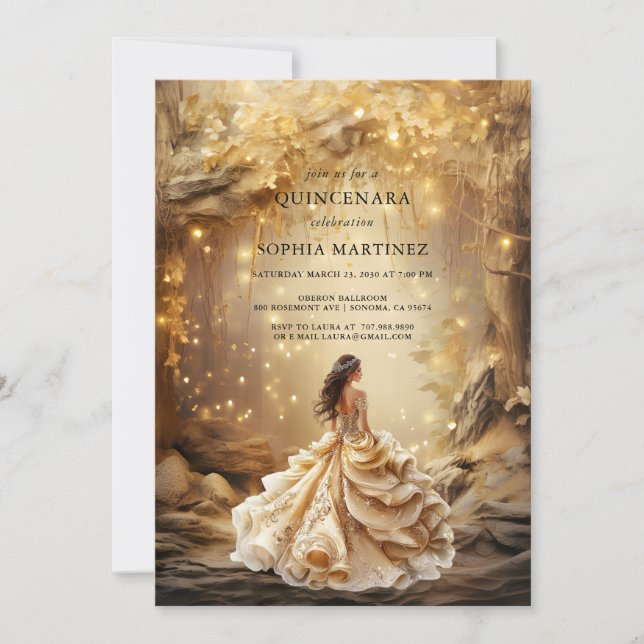 Quinceanera Gown Enchanted Golden Forest Portal Invitation (Front)