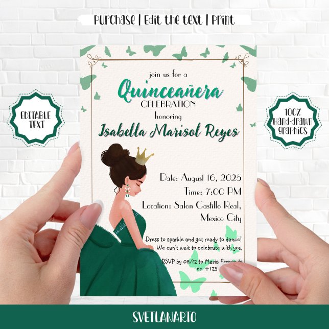 Quinceañera Green Elegant Princesse Invitation (Créateur téléchargé)