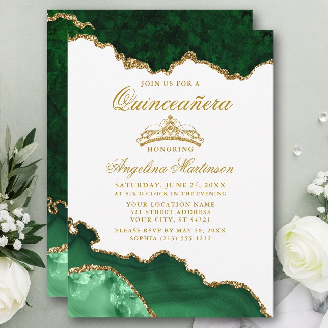 Quinceanera Green Gold Marble Crown Invitation (Creator Uploaded)