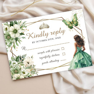 Quinceañera Green Gold Tiara Floral Butterfly Rsvp