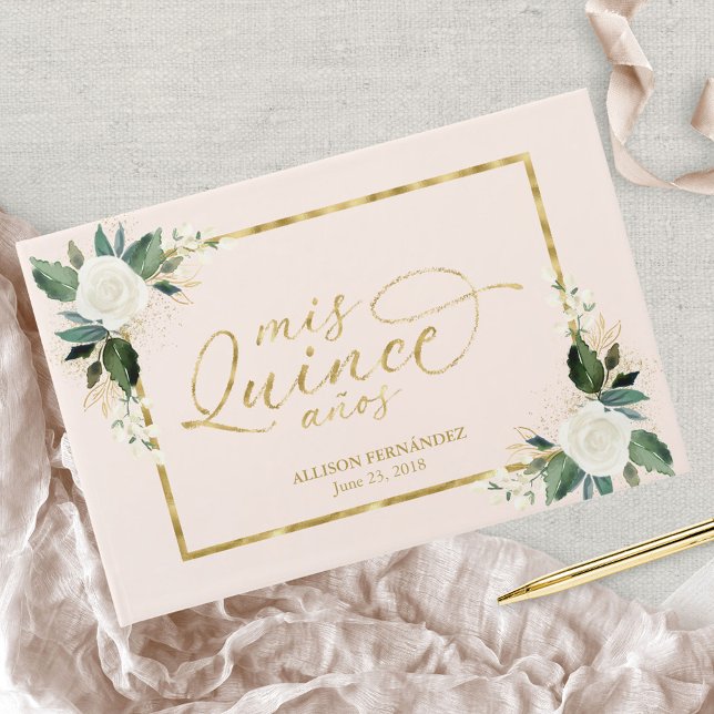 Quinceanera Guest Book Pink Blush Gold Foil Floral (Creator Uploaded)