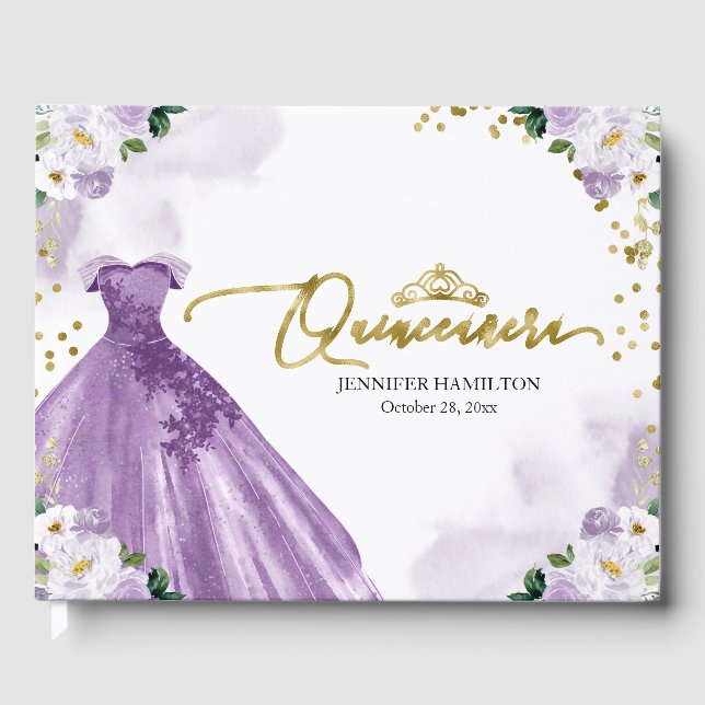 Quinceanera Guest Book Purple Dress Floral (Front)