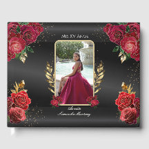 Quinceañera Guest Book Red Roses Black Background