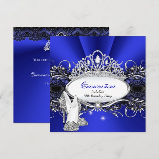 QUINCEANERA High Heels Royal Blue Diamond Tiara Invitation (Front/Back)