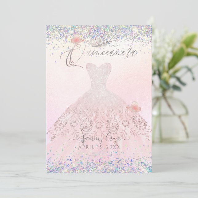 Quinceanera Holographic Confetti Blush Pink Dress  Invitation (Standing Front)