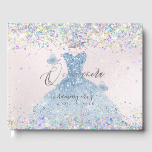 Quinceanera Holographic Confetti Dusty Blue Dress Guest Book