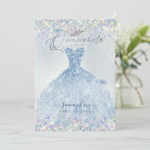 Quinceanera Holographic Confetti Dusty Blue Dress Invitation