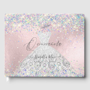 Quinceanera Holographic Confetti White Silver Guest Book