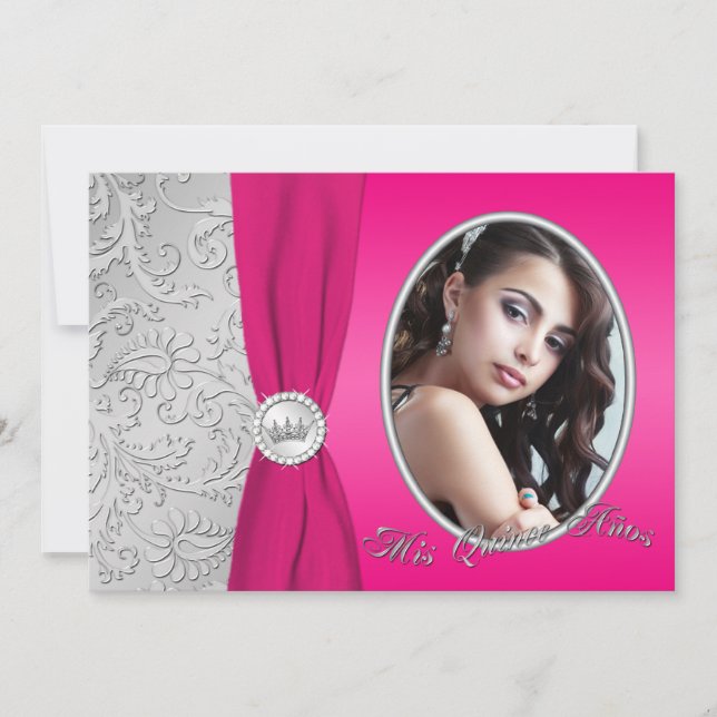 Quinceanera | Hot Pink and Silver | Photo Invitation (Front)