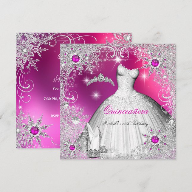Quinceanera Hot Pink Pearl Silver Winter Snowflake Invitation (Front/Back)