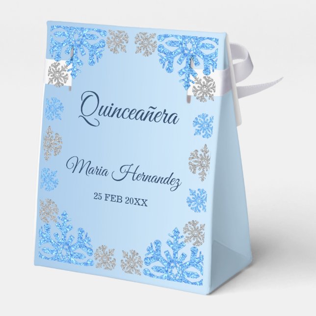 Quinceañera Ice Blue Silver Winter Snowflake Favor Box (Back Side)