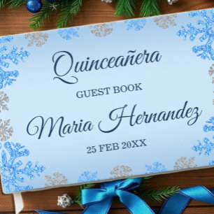 Quinceañera Ice Blue Silver Winter Snowflake Guest Book