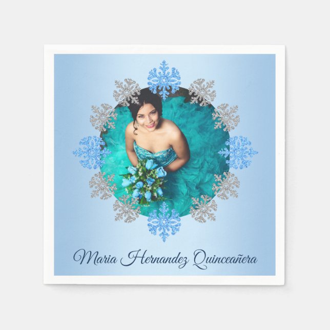 Quinceañera Ice Blue Silver Winter Snowflake Napkin (Front)