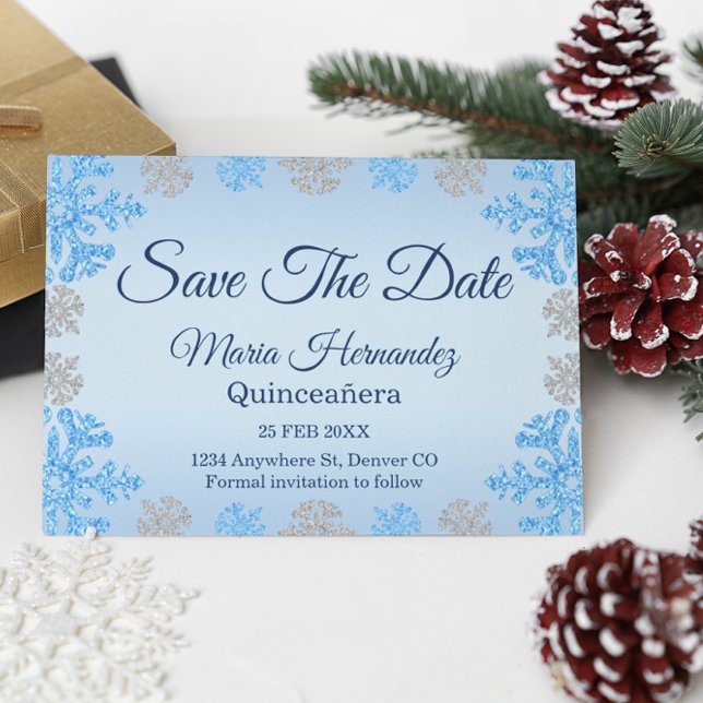 Quinceañera Ice Blue Silver Winter Snowflake Save The Date (Creator Uploaded)