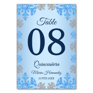 Quinceañera Ice Blue Silver Winter Snowflake Table Number