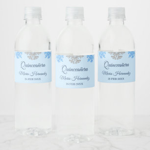 Quinceañera Ice Blue Silver Winter Snowflake Water Bottle Label
