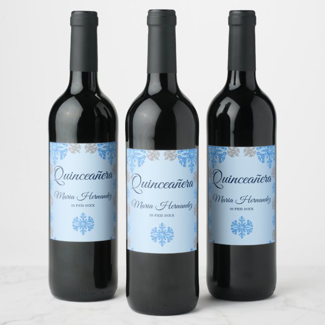 Quinceañera Ice Blue Silver Winter Snowflake Wine Label (Bottles)
