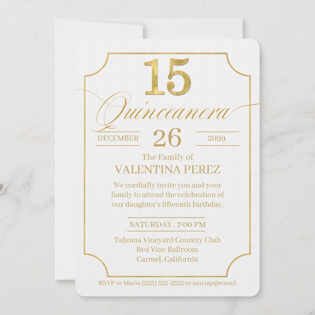 Quinceanera in Gold English Language with Photo Invitation (Back)
