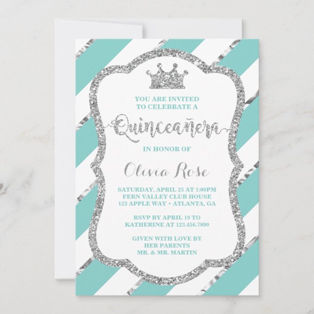 Quinceañera Invitation, Aqua, Silver, Crown Invitation (Front)
