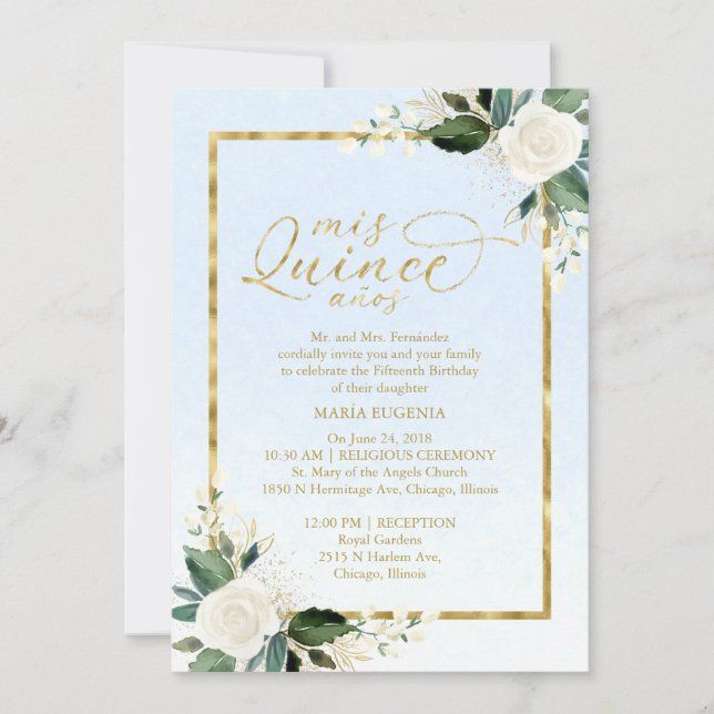 Quinceanera Invitation Bilingual Blue Gold Foil (Front)