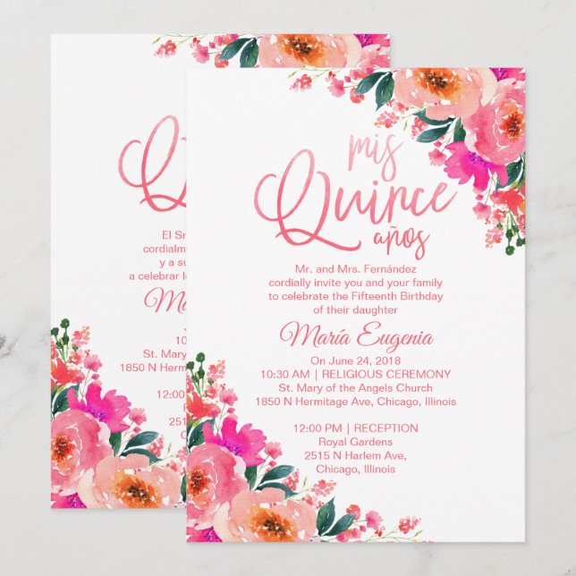 Quinceanera Invitation Bilingual Hot Pink Floral (Front/Back)