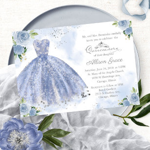 Quinceanera Invitation Bilingual Light Blue Gown