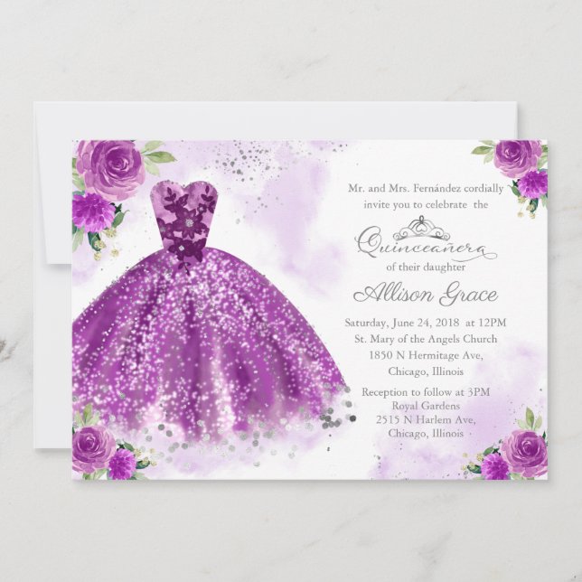 Quinceanera Invitation Bilingual Purple Gown (Front)