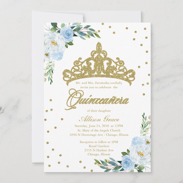 Quinceanera Invitation Bilingual Tiara Baby Blue  (Front)