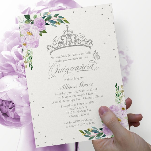 Quinceanera Invitation Bilingual Tiara Lilac (Creator Uploaded)