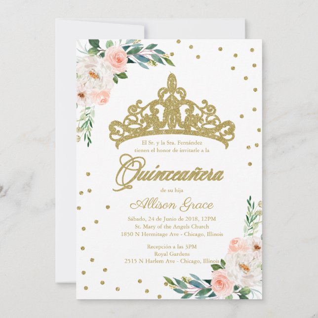 Quinceanera Invitation Bilingual Tiara Pink  (Back)