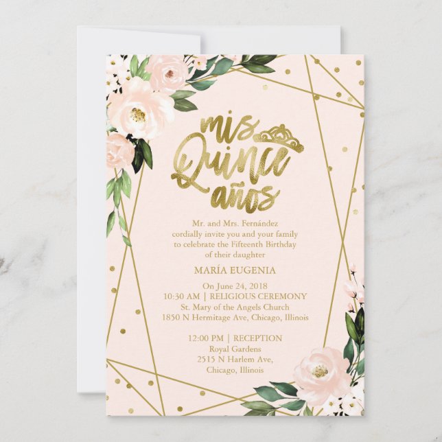 Quinceanera Invitation Bilingue Rose Blush (Devant)