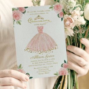 Quinceanera Invitation Bilingue Rose Blush Gown