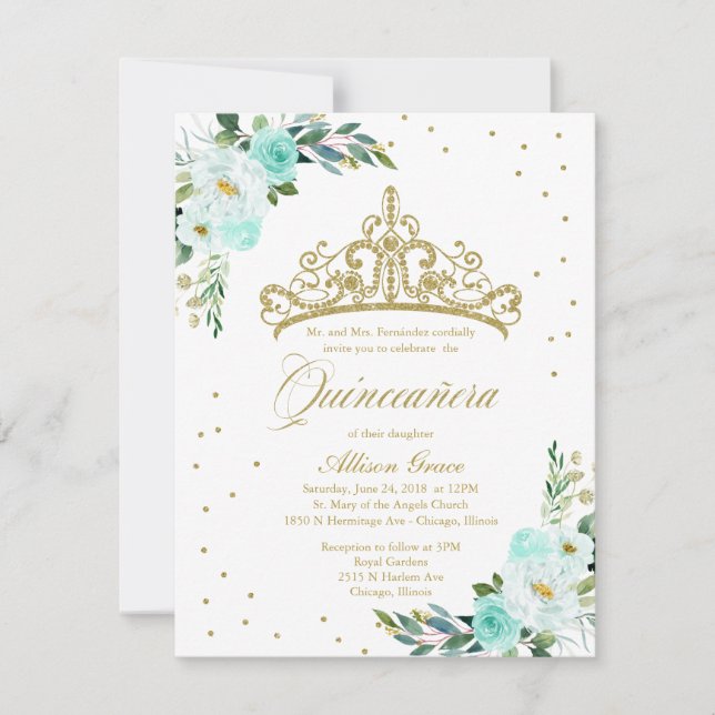 Quinceanera Invitation Bilingue Tiara Turquoise (Devant)