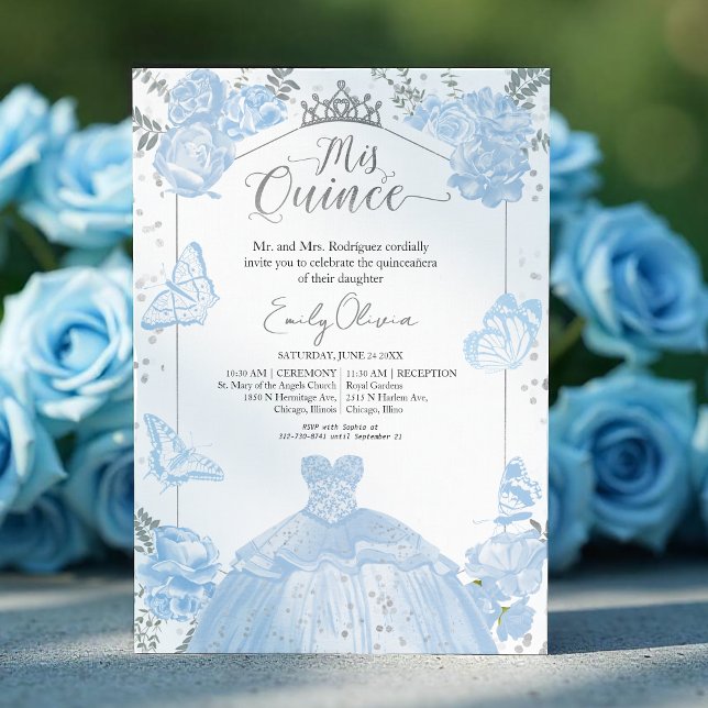 Quinceanera Invitation Dusty Blue Dress Butterfly (Creator Uploaded)